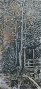 Québec réserve papineau labelle chalet Durocher dessin détaillé Maude Tapin artiste technique mixte vacance repos tranquilité