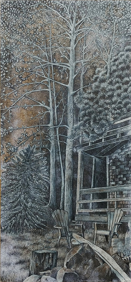 Québec réserve papineau labelle chalet Durocher dessin détaillé Maude Tapin artiste technique mixte vacance repos tranquilité