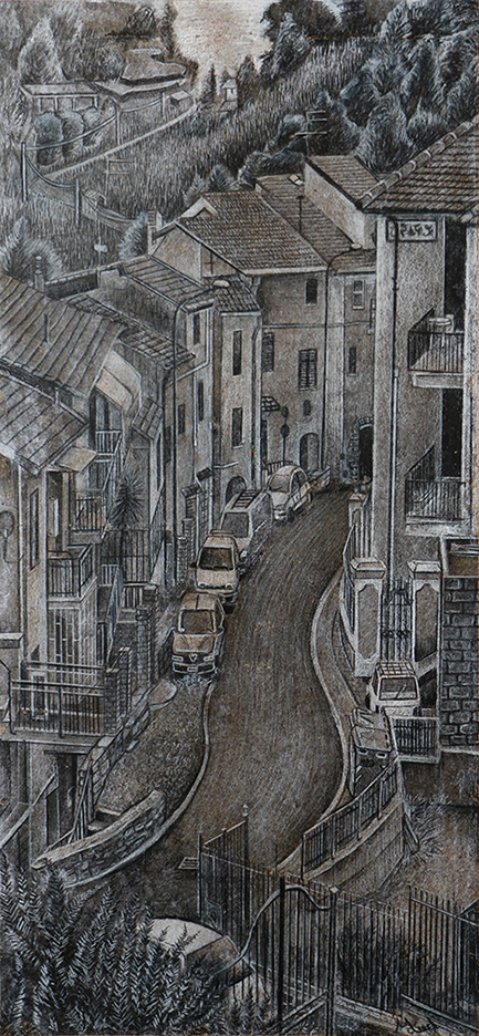 Santo Stefano Al Mare Italie dessin détaillé Maude Tapin artiste technique mixte vacance repos tranquilité