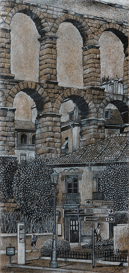 Segovia Espagne dessin détaillé Maude Tapin artiste technique mixte vacance repos tranquilité
