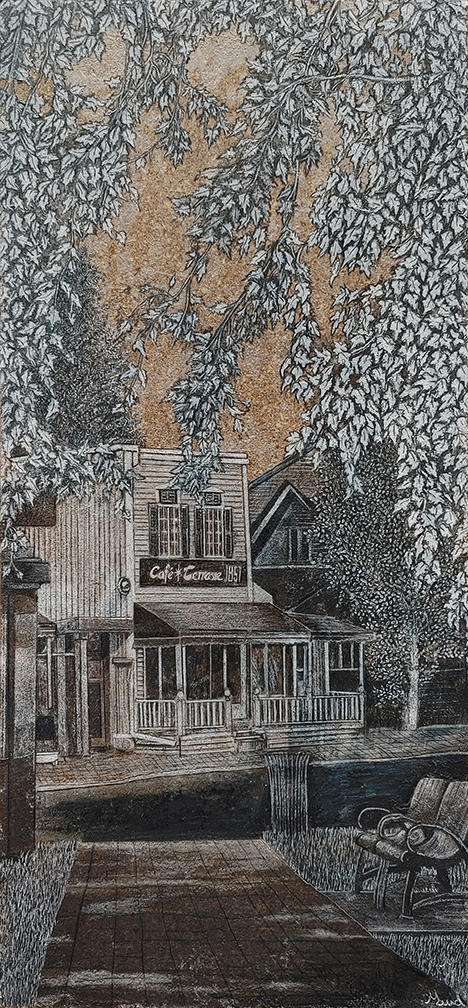 Québec dessin détaillé Maude Tapin artiste technique mixte vacance repos tranquilité Longueuil Café 1957