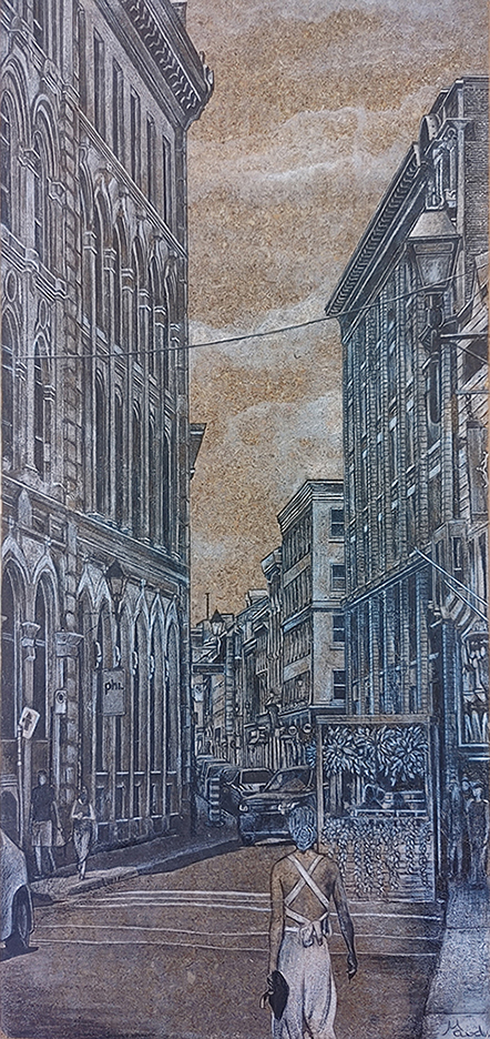 Montréal Vieux port dessin détaillé Maude Tapin artiste technique mixte vacance repos tranquilité