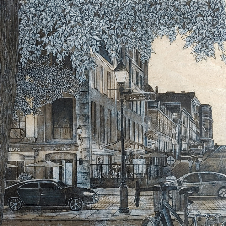 Montréal dessin détaillé Maude Tapin artiste technique mixte vacance repos tranquilité Montréal Rue de la Commune