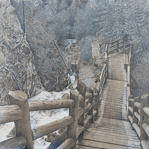 Québec dessin détaillé Maude Tapin artiste technique mixte vacance repos tranquilité nature parc canada Charlevoix