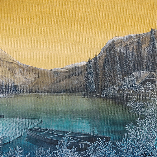 Québec dessin détaillé Maude Tapin artiste technique mixte vacance repos tranquilité Emerald Lake Alberta nature vacances