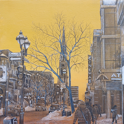 Québec dessin détaillé Maude Tapin artiste technique mixte vacance repos tranquilité Emery Vieux Montréal sur Saint-Denis Sainte-Catherine