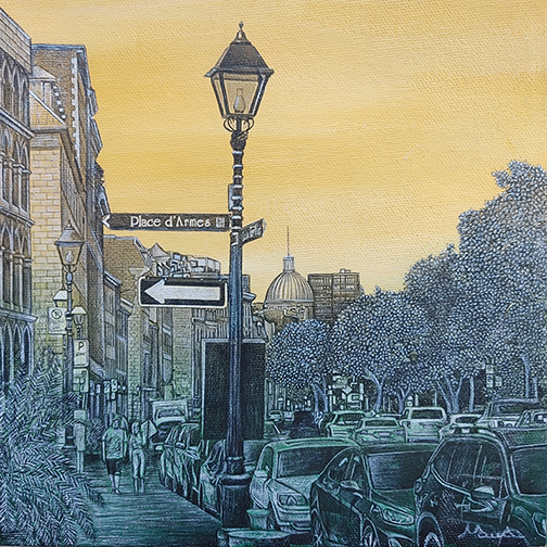 Québec dessin détaillé Maude Tapin artiste technique mixte vacance repos tranquilité Place d'armes Montréal