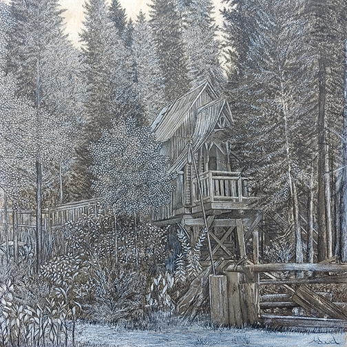 Québec dessin détaillé Maude Tapin artiste technique mixte vacance repos tranquilité Charlevoix nature