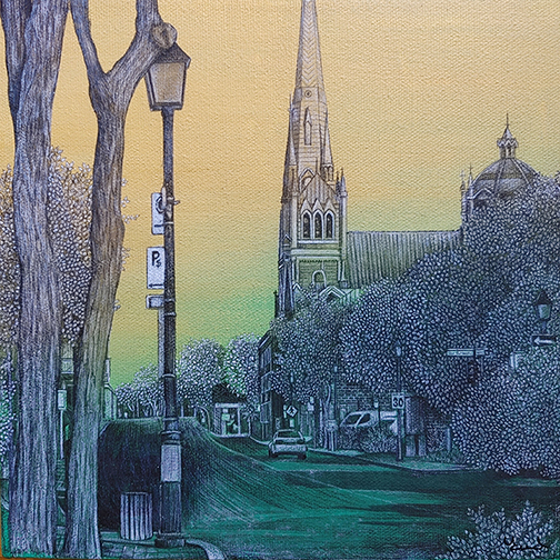 Québec dessin détaillé Maude Tapin artiste technique mixte vacance repos tranquilité Longueuil rue Saint-Charles
