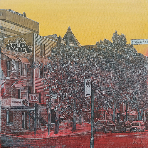 Québec dessin détaillé Maude Tapin artiste technique mixte vacance repos tranquilité Rue Saint-Denis Montréal Rio nostalie
