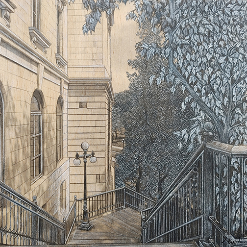 Québec dessin détaillé Maude Tapin artiste technique mixte vacance repos tranquilité Vieux québec escaliers