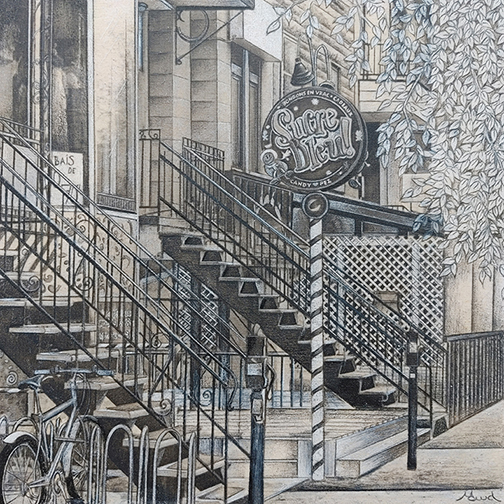 Québec dessin détaillé Maude Tapin artiste technique mixte vacance repos tranquilité Montréal rue Saint-Denis vie urbain Sucre bleu nostalgie