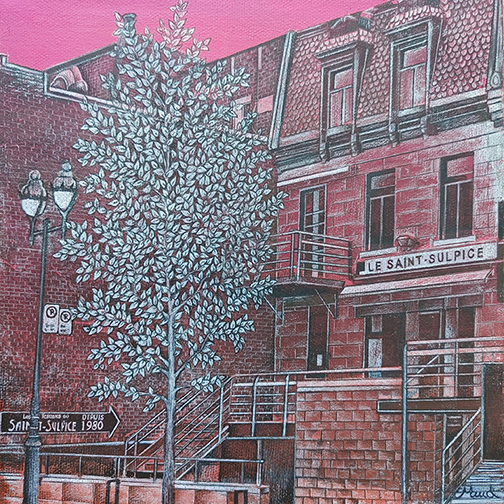 Québec dessin détaillé Maude Tapin artiste technique mixte vacance repos tranquilité Le Saint-Sulpice Montréal