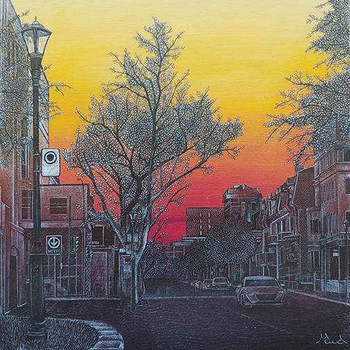 Québec dessin détaillé Maude Tapin artiste technique mixte vacance repos tranquilité Montréal rue Saint-Catherine