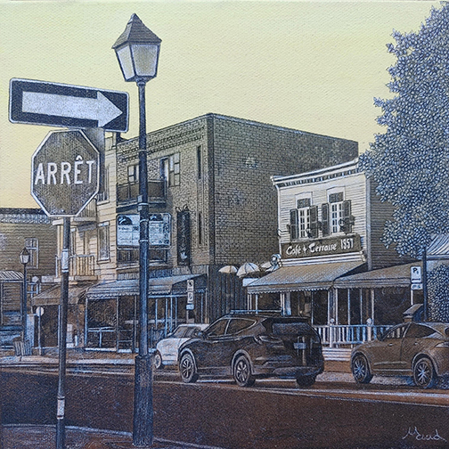 Québec dessin détaillé Maude Tapin artiste technique mixte vacance repos tranquilité café terrasse 1957 Longueuil