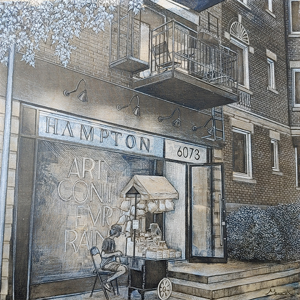 Québec dessin détaillé Maude Tapin artiste technique mixte vacance repos tranquilité Montréal Hampton Galerie vie urbaine