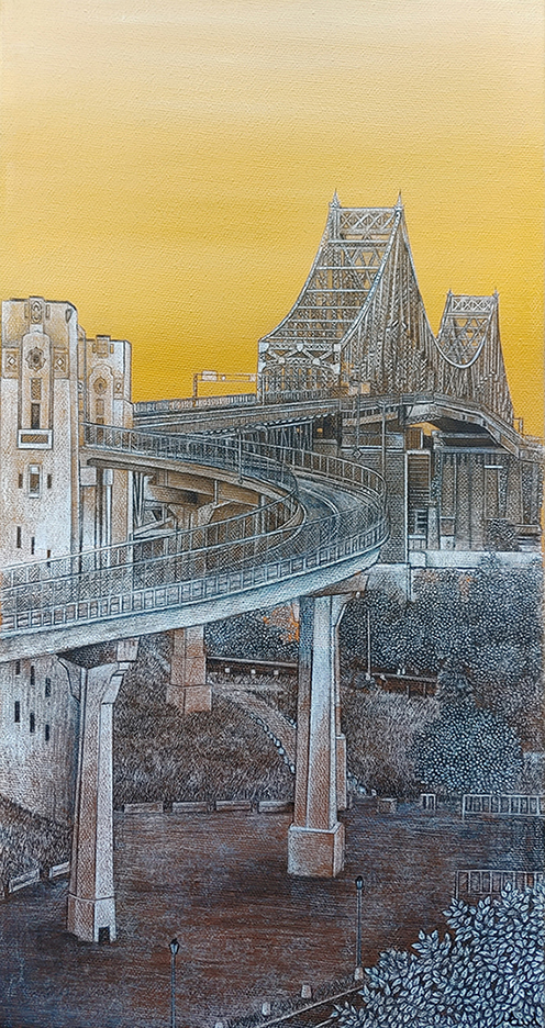 Québec dessin détaillé Maude Tapin artiste technique mixte vacance repos tranquilité Montréal Pont Jacques-Cartier