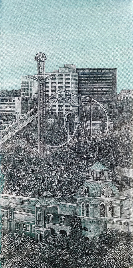 Québec dessin détaillé Maude Tapin artiste technique mixte vacance repos tranquilité Montréal La Ronde vie urbaine