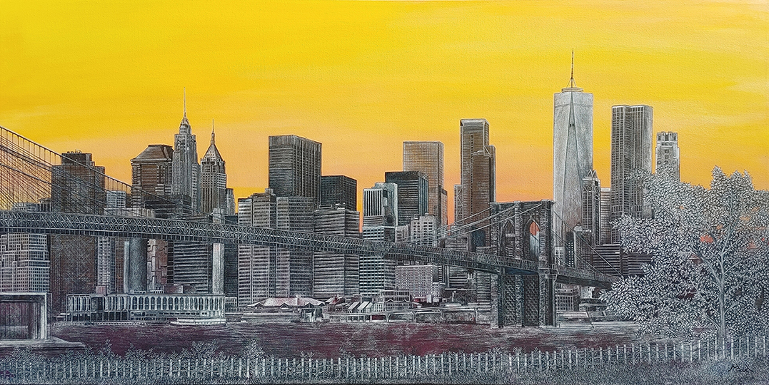 Québec dessin détaillé Maude Tapin artiste technique mixte vacance repos tranquilité New York Brooklyn bridge vie urbaine