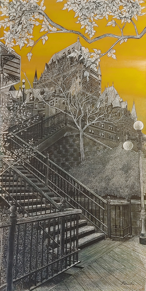 Québec dessin détaillé Maude Tapin artiste technique mixte vacance repos tranquilité Château Frontenac vieux Québec