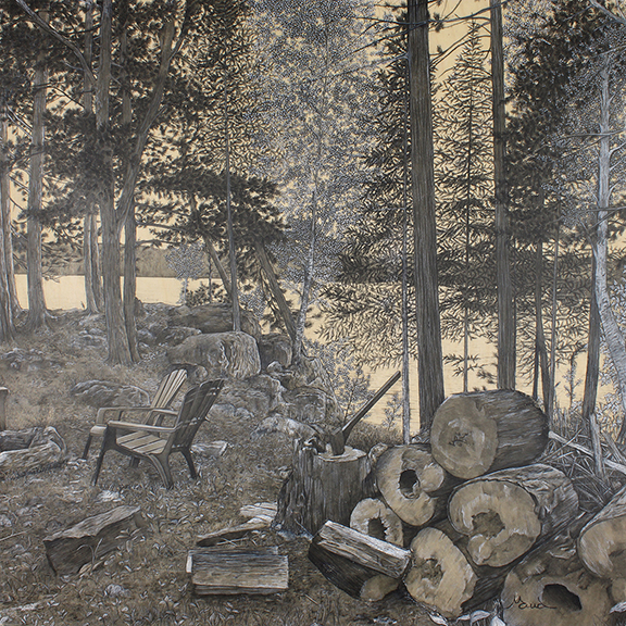 Québec dessin détaillé Maude Tapin artiste technique mixte vacance repos tranquilité chalet durocher réserve faunique papineau Labelle