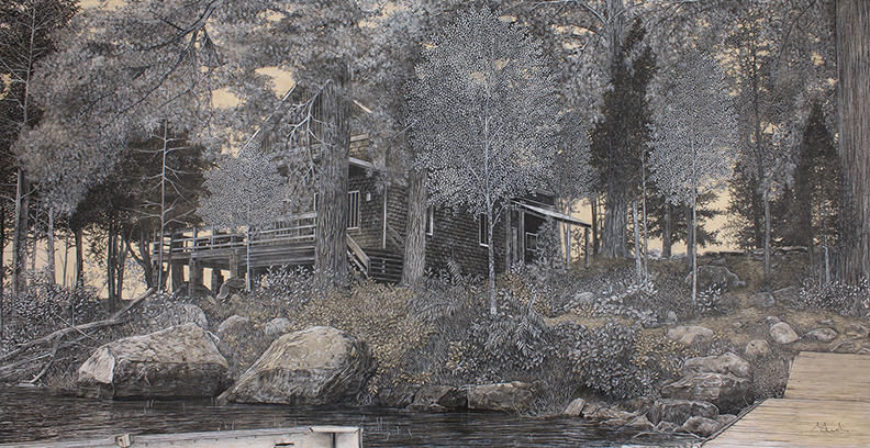 Québec dessin détaillé Maude Tapin artiste technique mixte vacance repose tranquilité chalet durocher réserve faunique papineau Labelle