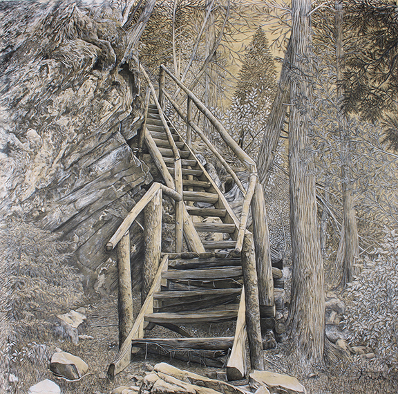 Québec dessin détaillé Maude Tapin artiste technique mixte Baie des rochers nature charlevoix escaliers bois