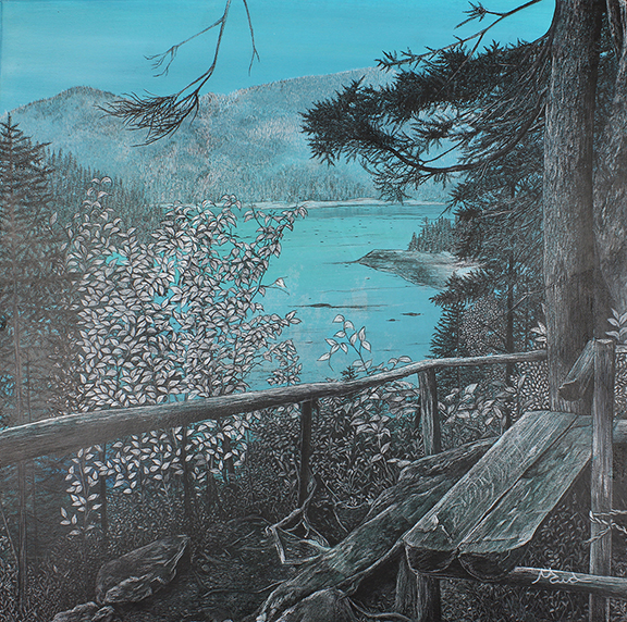 Québec dessin détaillé Maude Tapin artiste technique mixte Baie des rochers vacance nature Charlevoix parc nature