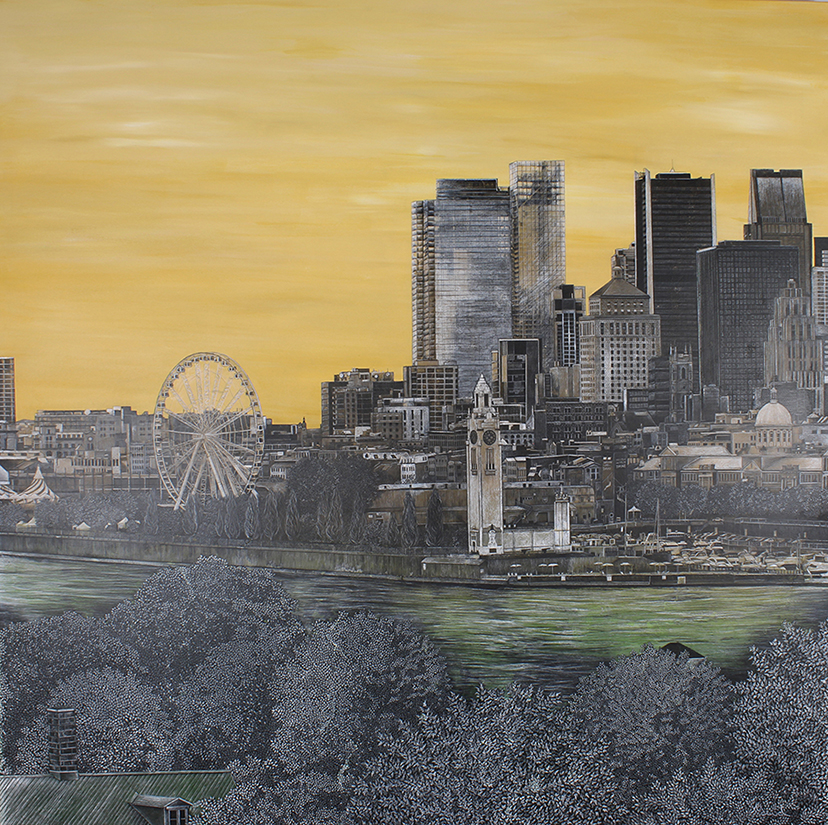 Québec dessin détaillé Maude Tapin artiste technique mixte Montréal grand roue Parc Jean Drapeau scène urbaine pont Jacques Cartier