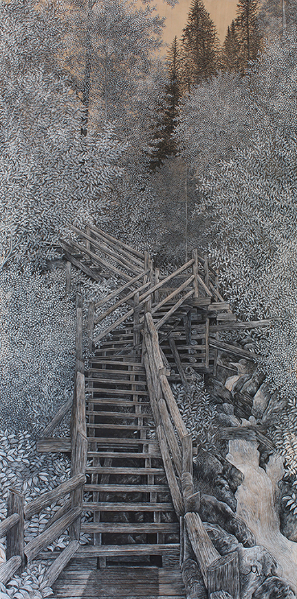 voyage équilibre mindtravel dessin détaillé Maude Tapin artiste technique mixte art charlevoix parc nature réserve Canyon des Portes de l'Enfer faunique