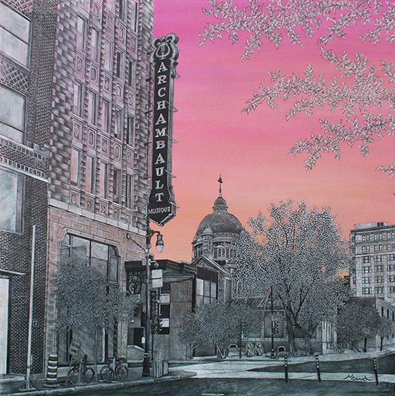 voyage équilibre mindtravel dessin détaillé Maude Tapin artiste technique mixte art Archambault Montréal rue Sainte-Catherine