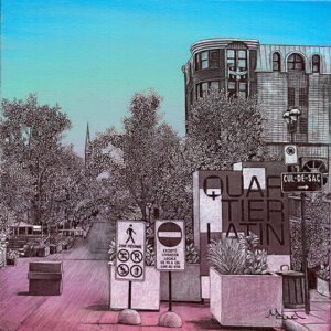 voyage équilibre mindtravel dessin détaillé Maude Tapin artiste technique mixte art quartier latin Montréal