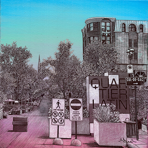 voyage équilibre mindtravel dessin détaillé Maude Tapin artiste technique mixte art quartier latin Montréal