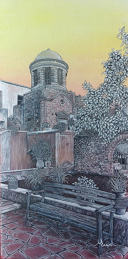 voyage équilibre mindtravel dessin détaillé Maude Tapin artiste technique mixte art Grèce jardins monastère