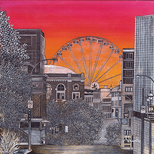 voyage équilibre mindtravel dessin détaillé Maude Tapin artiste technique mixte art Montréal grande roue