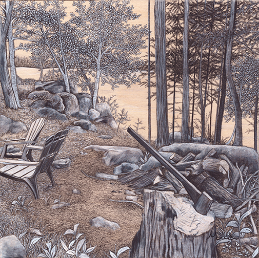 voyage équilibre mindtravel dessin détaillé Maude Tapin artiste technique mixte art réserve faunique papineau labelle québec nature durocher chalet