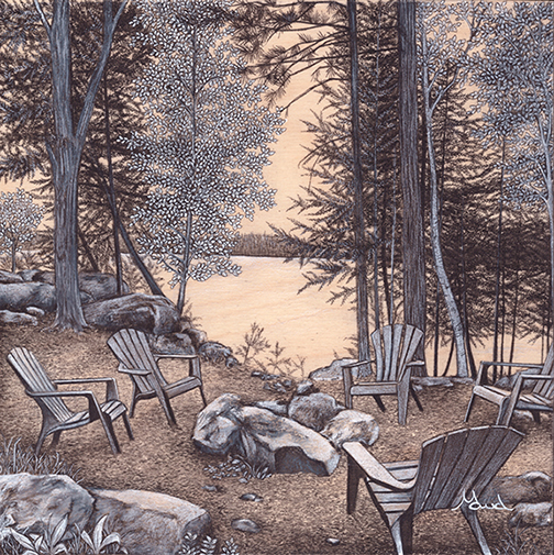 voyage équilibre mindtravel dessin détaillé Maude Tapin artiste technique mixte art vacances chalet durocher réserve faunique Papineau Labelle