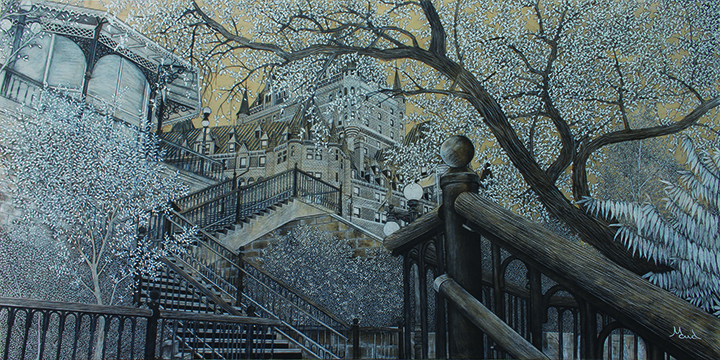 voyage équilibre mindtravel dessin détaillé Maude Tapin artiste technique mixte art Québec Château Frontenac