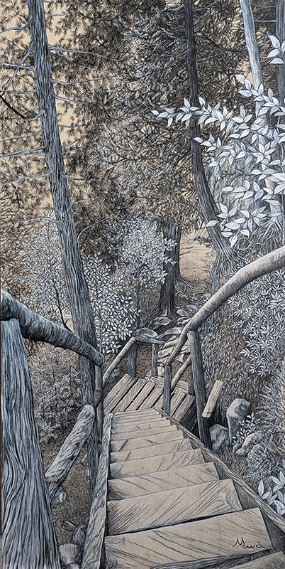 voyage équilibre mindtravel dessin détaillé Maude Tapin artiste technique mixte art Baie des rochers